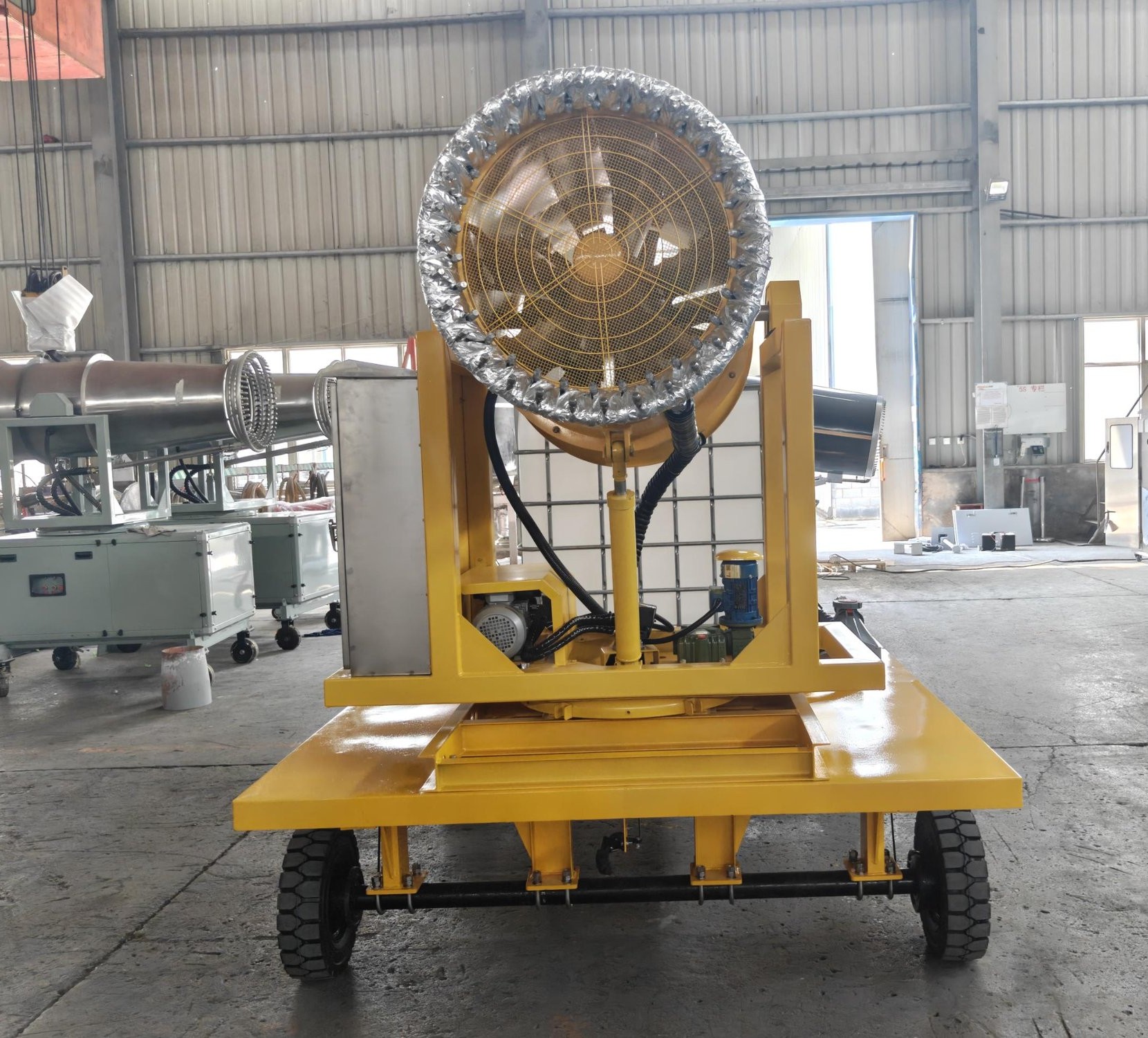 Front view of the fog cannon fan assembly in the workshop